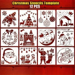 12pcs Christmas Series Painting Stencils - Reusable, Washable, PET Material for Watercolor, Stone Painting, Graffiti, and More