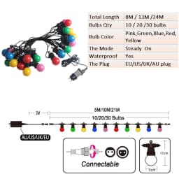 8M/13M/24M LED Globe Ball String Light Street Christmas Fairy Led Festoon Outdoor For Garden Backyard Party Patio Decor