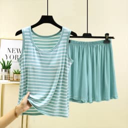 Women's Summer Thin Modal Striped Vest Shorts Set Chest Pad Loose Fit Home Sleepwear Sleeveless Versatile Style Outerwear