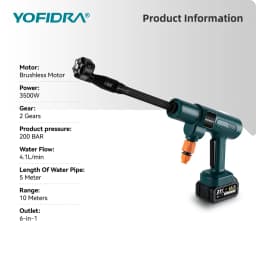YOFIDRA 3500W 200Bar Brushless High Pressure Car Wash Washer Gun Cordless Generator Cleaning Machine For Makita 21V Battery Pin