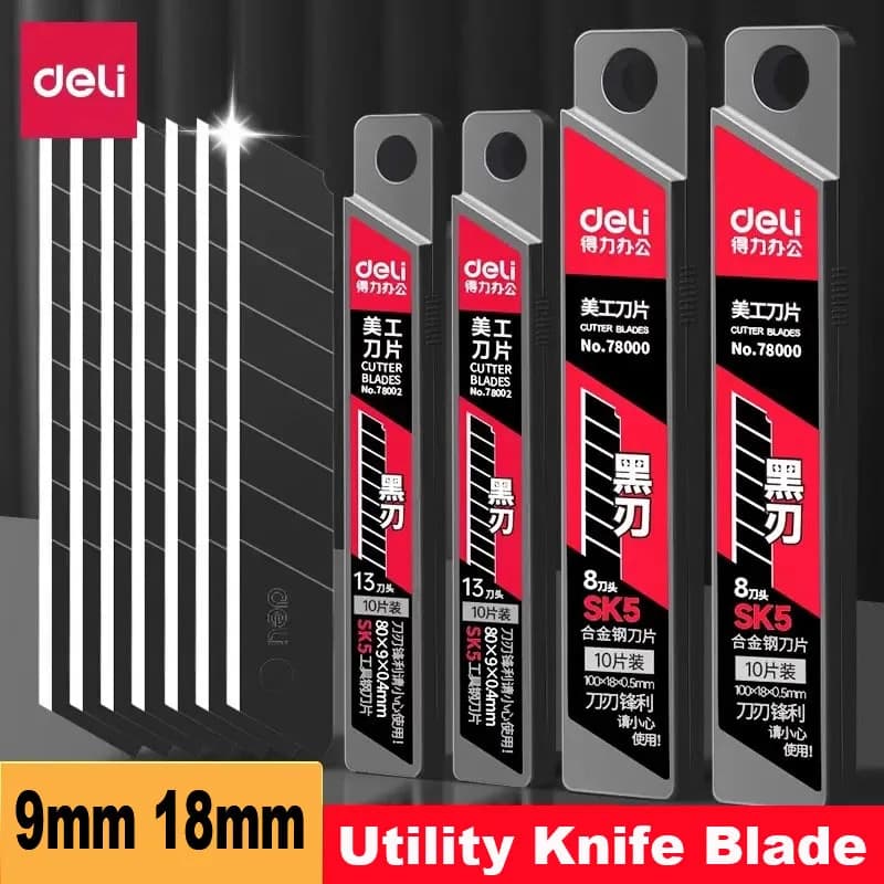 Deli 30/50/100pcs Knife Blade 9mm 18mm SK5 Metal Blades for Home School Supplies Art Craft Paper Box Cutting Utility Knife Tool