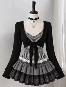 Harajuku Sweet Bow Black Plaid Dresses All-match Slim Fit Kawaii Lolita Dress for Women Autumn New Long Sleeve Vestidos De Mujer