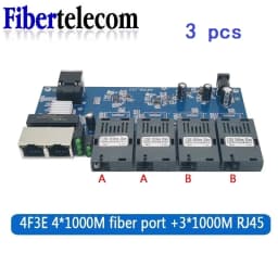 Gigabit Fiber Optic Media Converter SC 100/1000M PCBA Board Singlemode 4 Fiber 3 RJ45 Ethernet Switch Transceiver Simplex