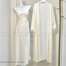 New Female Long Robe Nightgown Set Sexy Lace Trim Sleepwear Suspender Nightdress Spring Summer Casual Satin Home Dress Bathrobe