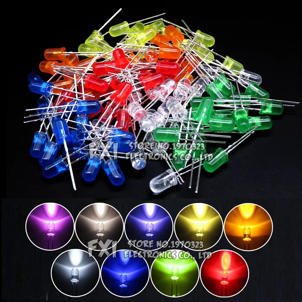 100PCS F5 LED Diode 5MM Assorted Kit White Green Red Blue Yellow Orange Pink Purple Warm White DIY kit Light Emitting Diode bxv