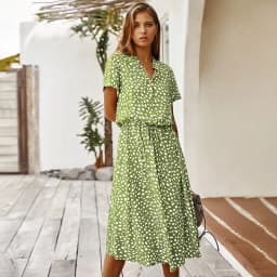 Vintage Floral Print Dress Women Boho Short Sleeve Long Dress Turn Down Collar Casual Waistband Shirt Dresses Robe 2021 Summer