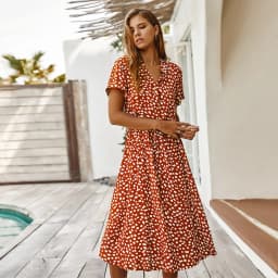 Vintage Floral Print Dress Women Boho Short Sleeve Long Dress Turn Down Collar Casual Waistband Shirt Dresses Robe 2021 Summer