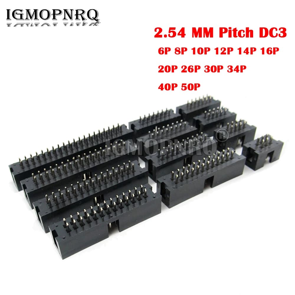10PCS 2.54 MM Pitch DC3 Through Hole 6 8 10 12 14 16 20 26 30 34 40 50 Pin Straight Male Shrouded PCB IDC Socket Box Header JTAG