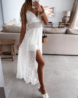 Summer V Neck Solid Color Lace Hollow-Out Sleeveless Sling Party Wear High Waist Rompers Holiday Casual White Women's Jumpsuit