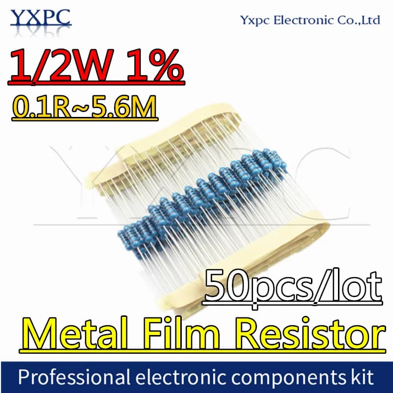 50pcs 1/2W Metal film resistor 1% 0.1R~5.6M 1R 2R 10R 100R 220R 330R 1K 1.5K 2.2K 3.3K 4.7K 10K 22K 47K 100K 1M 100 220 330 ohm