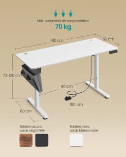 SONGMICS Electric Height Adjustable Desk, 60 x 140 x (72-120) cm, 4 Memory Heights, Storage Pocket, for Home Office, Study