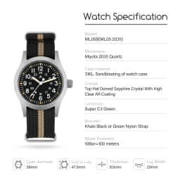 Militado ML05B Vintage Watch Miyota 2035 Movement Domed Sapphire Crystal With High Clear AR Coating Luminous 38mm Watches