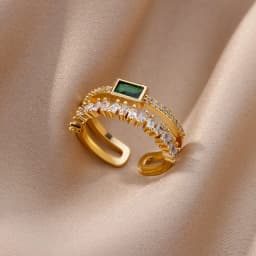 Gold Color Cubic Zircon Rings For Women Open Stainless Steel Green Luxury Crystal Finger Ring Boho Jewelry Wedding Party Gift