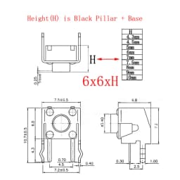 20Pcs 6x6 PCB Momentary Tactile Tact Push Button 4-Pin Self-reset Switch Right Angle With stent 6*6*4.3/4.5/5/6/7/7.5/8/9/10mm