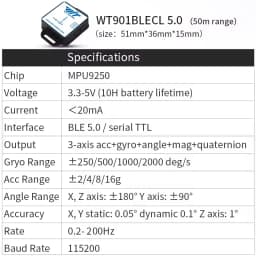 WitMotion WT901BLECL BLE 5.0 Low-Power Accelerometer,9-axis Gyroscope+Angle(XY 0.05° Accuracy)+Magnetometer with Kalman Filter