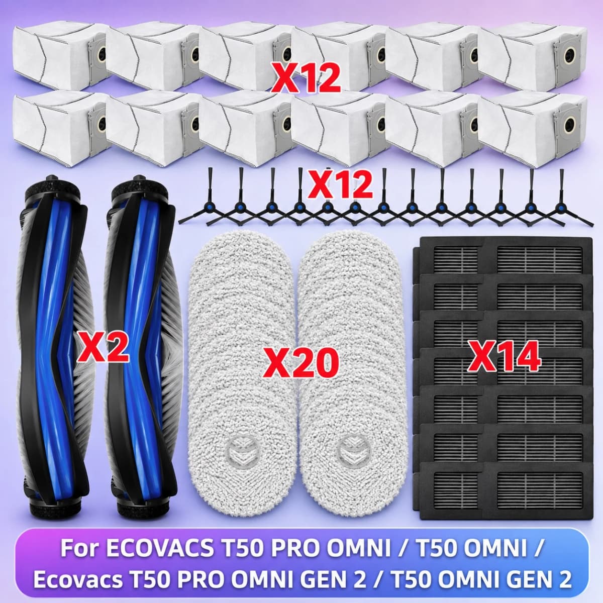 Fit For ECOVACS T50 PRO OMNI/T50 OMNI/T50 PRO OMNI GEN 2/T50 OMNI GEN 2 Parts Main Roller Side Brush Filter Mop Cloth Dust Bag