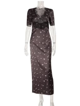 Lace Patchwork Printed Maxi Dresses For Women Fashion Sexy Streetwear Short Sleeves Slim Hollow Out Long Vestidos Robes Female