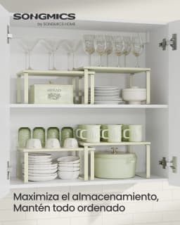 SONGMICS Set of 2 Expandable Cupboard Spice Racks, Black and Rustic Brown/Cream White/ Cappuccino Beige/White
