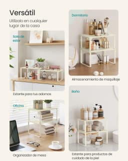 SONGMICS Set of 2 Expandable Cupboard Spice Racks, Black and Rustic Brown/Cream White/ Cappuccino Beige/White
