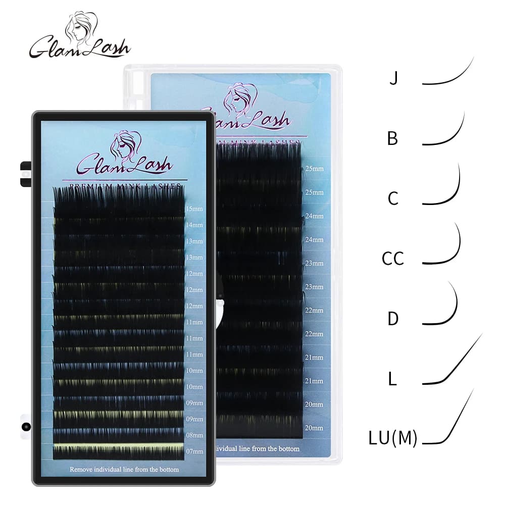 GLAMLASH Mix 7~15/15-20/20-25mm Handmade Korean Pbt J/B/C/D/L/LU(M) CURL Eyelash Extension Natural Soft Faux Mink Lash