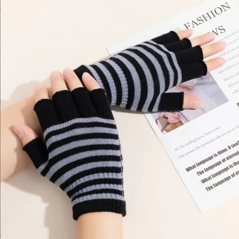 Autumn Winter New Half Finger Striped Warm Gloves For Men Women Students Knitted Mittens Outdoor Knitting Cycling Writing Gloves