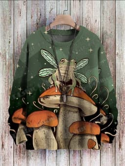 Vintage Cute Frog Yoga Mushroom Art Pattern 3D Printed Men's Knitted Pullover Winter Unisex Casual Knit Pullover Sweater ZZM120
