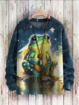 Vintage Cute Frog Yoga Mushroom Art Pattern 3D Printed Men's Knitted Pullover Winter Unisex Casual Knit Pullover Sweater ZZM120
