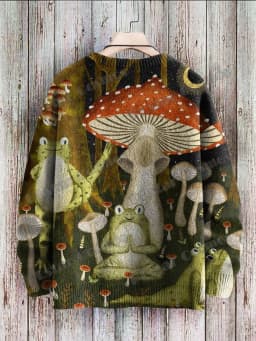 Vintage Cute Frog Yoga Mushroom Art Pattern 3D Printed Men's Knitted Pullover Winter Unisex Casual Knit Pullover Sweater ZZM120