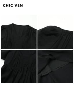 CHIC VEN Women Dresses French Style Vintage V-neck Puff Sleeve Long Dress Solid Black Loose Female Clothing Summer New 2023