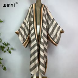 WINYI Kimono Africa Summer Boho Stripe Print Beach Swimwear Elegant Cardigan Sexy Holiday Maxi Beach Wear Swimsuit Evening Dress