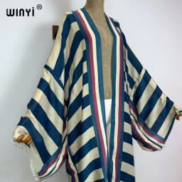 WINYI Kimono Africa Summer Boho Stripe Print Beach Swimwear Elegant Cardigan Sexy Holiday Maxi Beach Wear Swimsuit Evening Dress