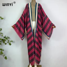 WINYI Kimono Africa Summer Boho Stripe Print Beach Swimwear Elegant Cardigan Sexy Holiday Maxi Beach Wear Swimsuit Evening Dress
