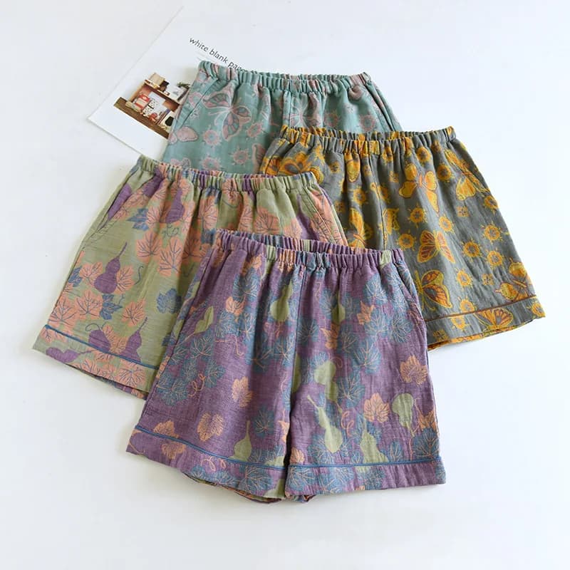 2026 Japanese Summer New Women's Shorts 100% Cotton Vintage Yarn Weaving Printed Sleepwear Thin Loose Pocket Shorts Home Pants