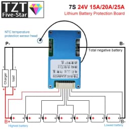 BMS 7S 24V 15A 20A 25A Li-ion Lmo Ternary Lithium 18650 Battery Charger Protection Board Balance And NTC Temperature Protect
