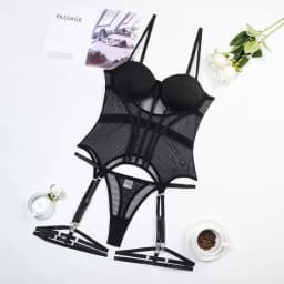 MUZISKAT Mesh Lingerie Luxury Brand Bodysuit Backless Tops for Women 3 Piece Lingerie Set with Garter Sexydresses for Women