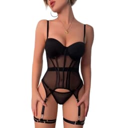 MUZISKAT Mesh Lingerie Luxury Brand Bodysuit Backless Tops for Women 3 Piece Lingerie Set with Garter Sexydresses for Women