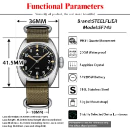 STEELFLIER Official 36MM Quartz Watch Luxury SF745 Swiss Luminous VH31 Mute Movement 20Bar Waterproof Unisex Fashion Dive Watch