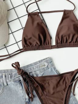 2026 Sexy Solid Bandage Bikini Halter Strappy Swimwear Women Swimsuit Female Two Pieces Bikini Set Low Waist Bathing Suit Bather