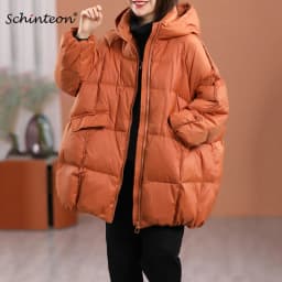 Schinteon Women White Duck Down Jacket with Hood Autumn Winter Warm Outwear Casual Loose Over Size Outwear Thick Coat 2026 New