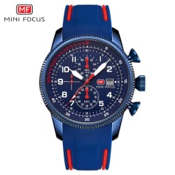 MINI FOCUS Military Sport Quartz Watch for Men Blue Silicone Strap Chronograph Luminous Wristwatch with Date Waterproof 0379