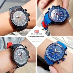MINI FOCUS Military Sport Quartz Watch for Men Blue Silicone Strap Chronograph Luminous Wristwatch with Date Waterproof 0379