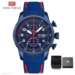 MINI FOCUS Military Sport Quartz Watch for Men Blue Silicone Strap Chronograph Luminous Wristwatch with Date Waterproof 0379