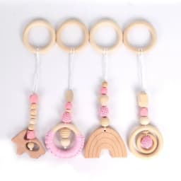 4Pcs Wooden Baby Toys Wooden Beech Activity Gym Frame Stroller Hanging Pendants Toys Teether Ring Nursing Rattle Toys Room Decor
