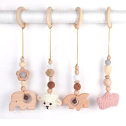 4Pcs Wooden Baby Toys Wooden Beech Activity Gym Frame Stroller Hanging Pendants Toys Teether Ring Nursing Rattle Toys Room Decor