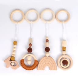 4Pcs Wooden Baby Toys Wooden Beech Activity Gym Frame Stroller Hanging Pendants Toys Teether Ring Nursing Rattle Toys Room Decor