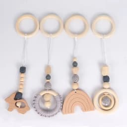 4Pcs Wooden Baby Toys Wooden Beech Activity Gym Frame Stroller Hanging Pendants Toys Teether Ring Nursing Rattle Toys Room Decor