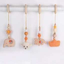 4Pcs Wooden Baby Toys Wooden Beech Activity Gym Frame Stroller Hanging Pendants Toys Teether Ring Nursing Rattle Toys Room Decor
