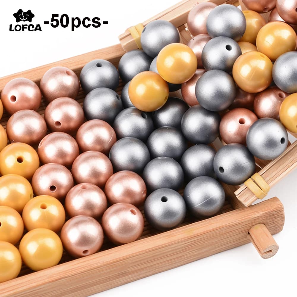 12mm/15mm 50pcs Metallic Golden Print Silicone Beads Silver Teething Beads Food Grade Silicone Chewable Teething For Infant
