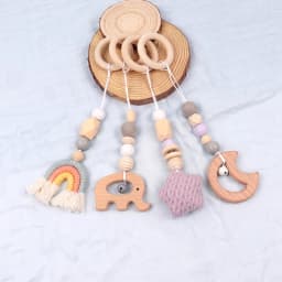 3/4 Pcs Baby Gym Frame Beech Wood Ring Baby Fitness Rack Pendants Silicone Beads Teether Newborn Stroller Rattle Play Gym Toys