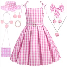 Halloween Hot Movie Barbei Baby Girl Pink Cowboy Look Dress Summer Beach Stripe Cute Sleeveless Plaid Slim Strap Dress Set